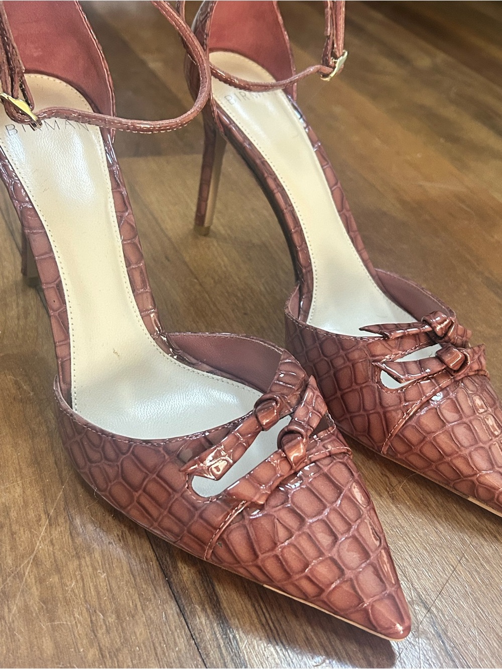 Alexandre Birman Croc-Embossed Pointed Toe Ankle Strap Heels